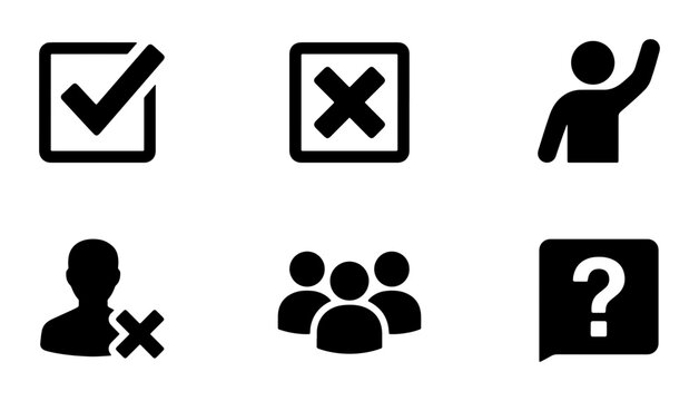 Checkmark, cross, person waving, user delete, group and question mark silhouettes for web and app