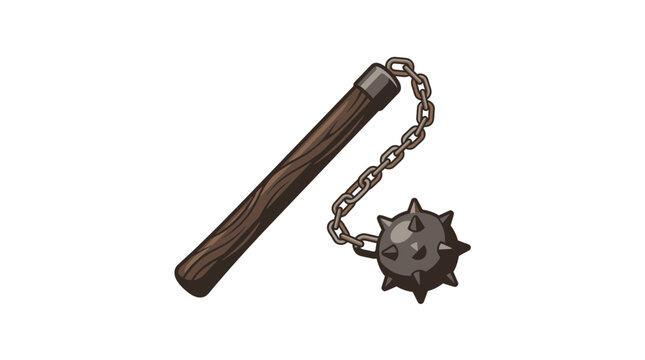 Medieval flail weapon with wooden handle and spiked metal ball illustration