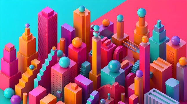 Vibrant abstract 3D isometric city with colorful geometric buildings towers stairs and spheres