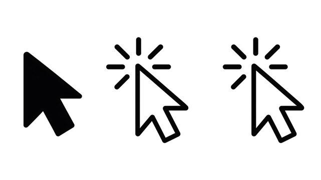 Mouse cursor icons, including a solid black pointer and two variations of a clicking line-art arrow.
