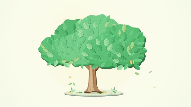 Animated green tree with falling leaves on light background