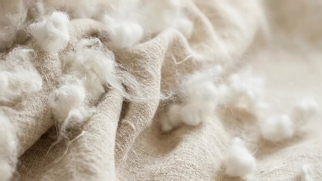 Loose Cotton Fibers Gently Settling on Linen Fabric, Slow Motion