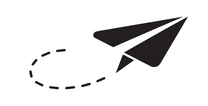 Simple paper plane graphic with dotted travel route representing swift electronic mail message send.