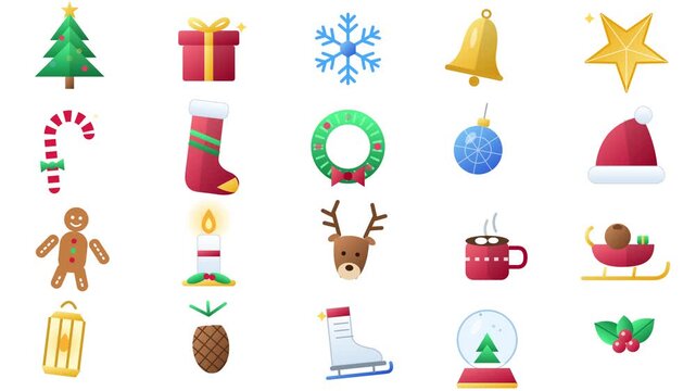 Christmas Icons Collection, Winter Holiday Elements Set, Festive Flat Vector Decorations on White Background