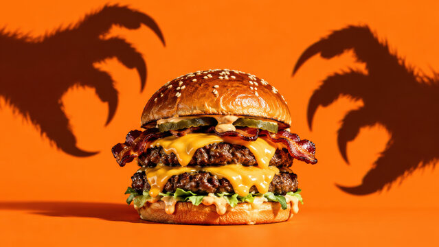 Double bacon cheeseburger on orange, two furry monster claw shadows reaching in. Halloween fast food craving, spooky burger night menu