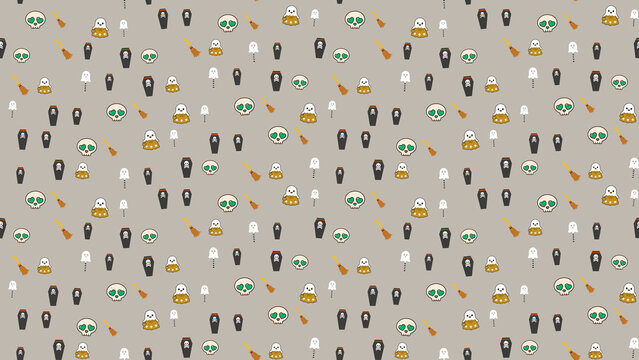 Halloween pattern with cute ghosts, skulls, coffins, and brooms