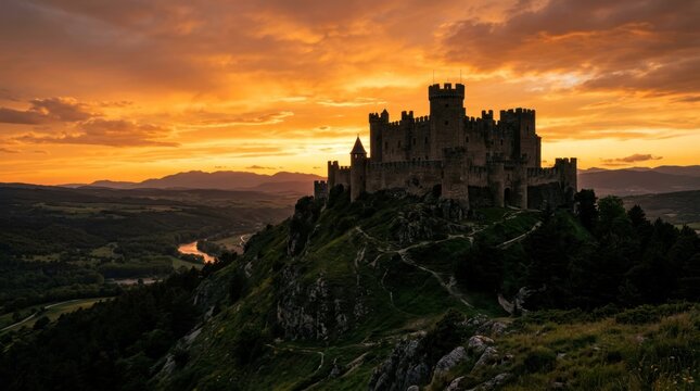 Majestic Medieval Castle Silhouetted Against a Fiery Sunset Sky.