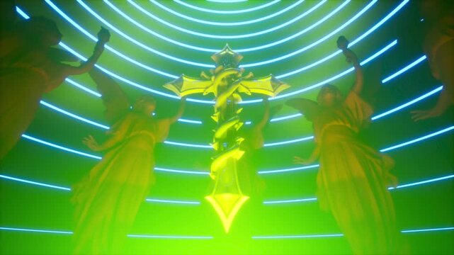 Ornate Cross and Statues with Changing Neon Light