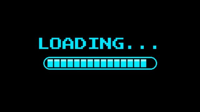 Retro pixel art loading bar progressing slowly with bright cyan color blocks filling horizontally across dark black computer screen backdrop during software setup