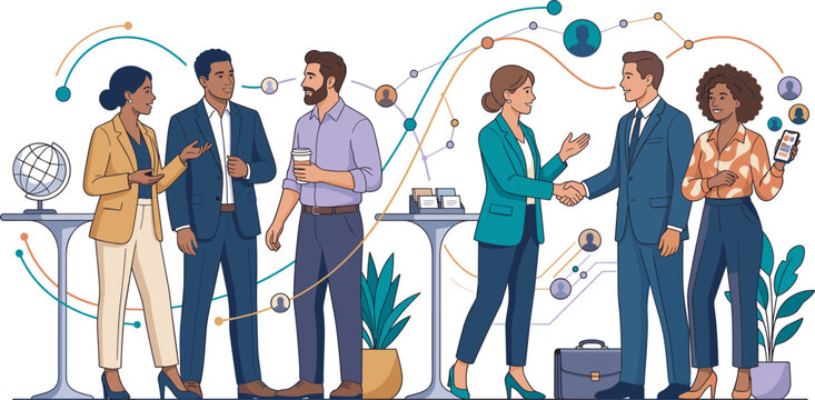 Business networking event vector illustration for corporate partnership building global communication professional connections and career conference recruitment