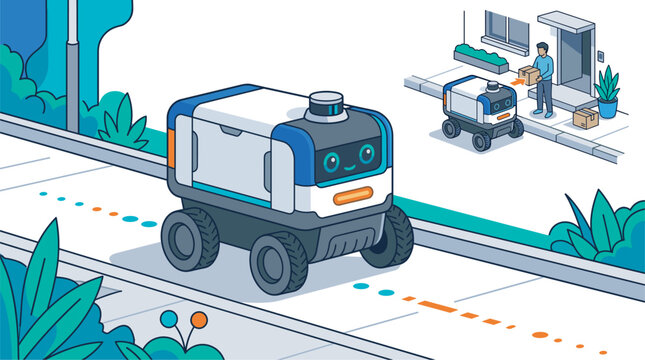 Autonomous delivery robot vector illustration for automated contactless shipping smart logistics e-commerce parcel distribution and futuristic transport service