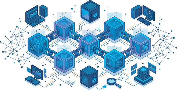Isometric blockchain technology network vector illustration for secure decentralized database cryptocurrency transactions block system and cyber data infrastructure