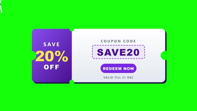 Discount Coupon Voucher Animation on Green Screen, 20 Percent Off Promo Code Ticket, Online Shopping Sale Badge