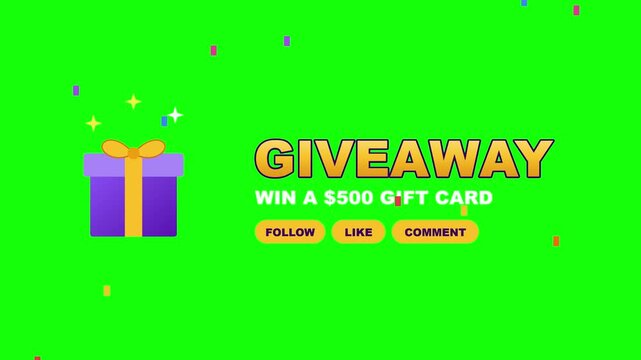 Social Media Giveaway Contest Animation with Gift Box on Green Screen, Chroma Key Win 500 Dollars Promotion Overlay