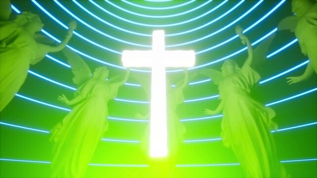 Glowing White Cross and Statues with Changing Neon Light
