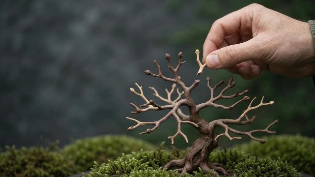 AI Memory Pruning Seamless Loop Hand Removing Bonsai Branch Sculpture with Glowing Neural Connections for Corporate Technology Background