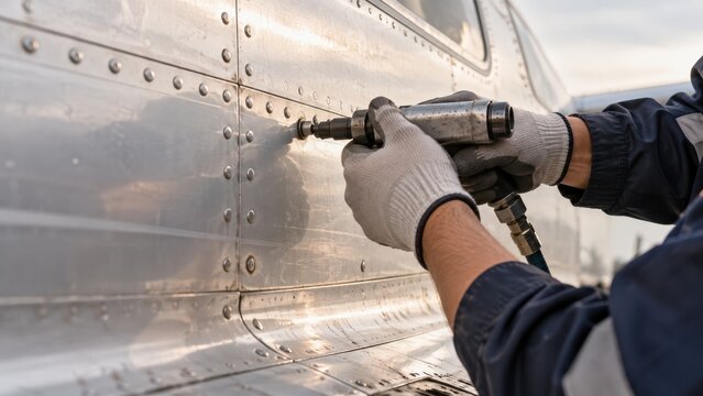 technician secures an aircraft fuselage in a hangar