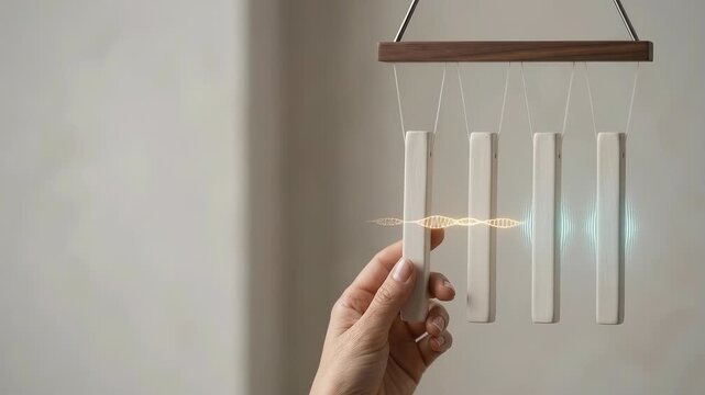AI Anomaly Detection Seamless Loop Hand Stabilizing Suspended Ceramic Chime Bars with Intelligent Frequency Monitoring for Corporate Technology Background