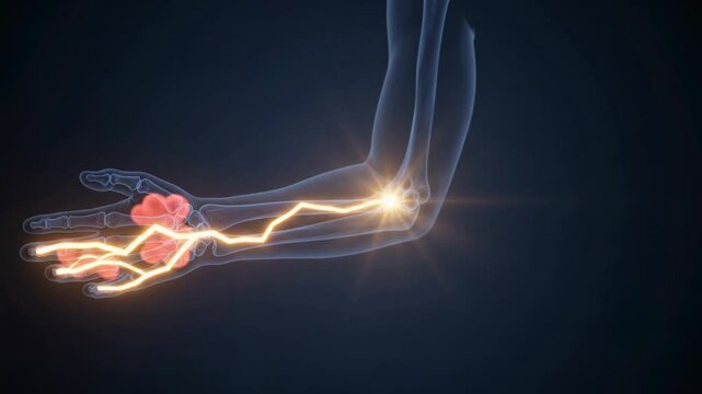 Human Arm Skeletal X-ray with Elbow Pain and Nerve Inflammation - Medical Animation of Joint Agony - Cinematic 4K Science Footage