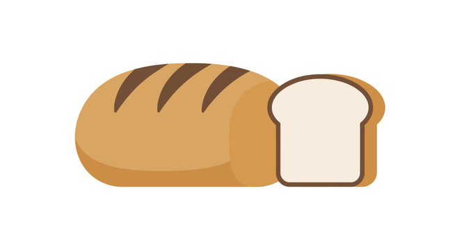 Loaf of bread and a slice rest against a white background flat vector illustration