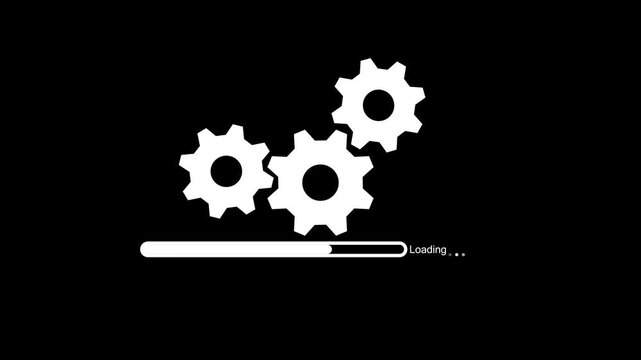 Minimalist white gear cogs rotating with an active loading progress bar and text on black background, system processing and software update concept video.