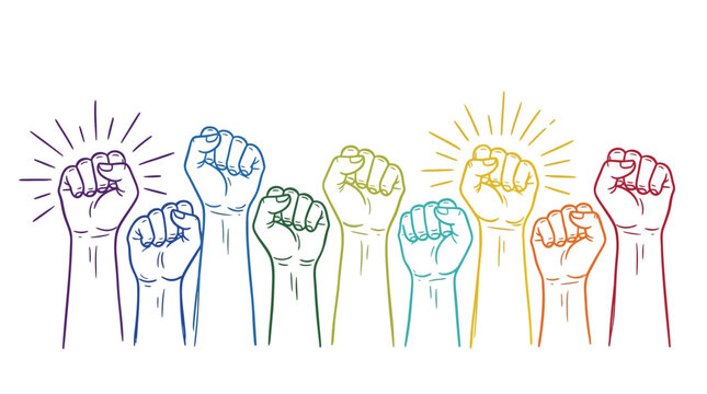 Colorful raised fists in diverse solidarity protest illustration, ideal for social campaigns, diversity posters and human rights banners