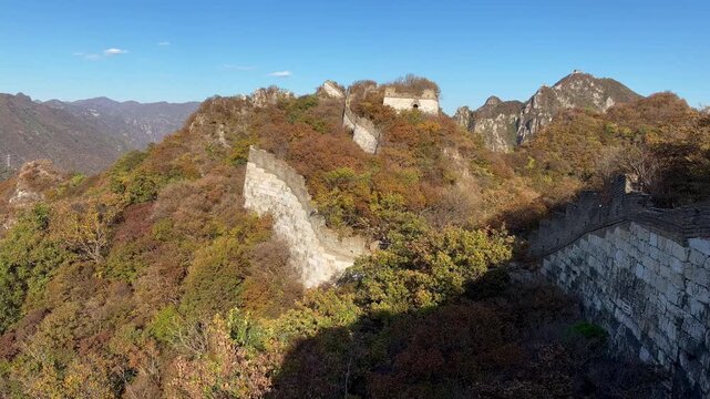 Static View of Jiankou Great Wall Winding through Autumn Foliage toward a Watchtower, Beijing, China