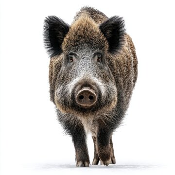Front View Of A Wild Boar With Dark Fur Walking Isolated On A Clean White Background