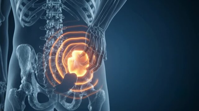 Human Hip Joint Pain - Anatomical Skeleton with Glowing Orange Pulse at Pelvis - Medical CGI Animation Footage