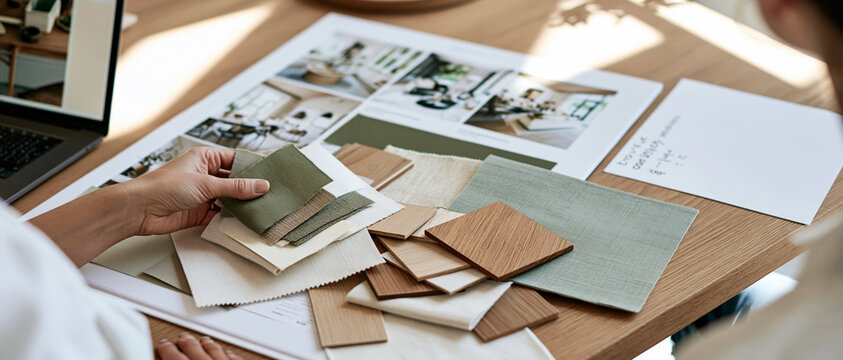 Interior Designer Hands Selecting Material Samples at Desk