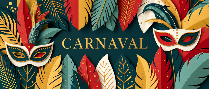 Colorful Feathers Frame with Carnaval Text and Masks