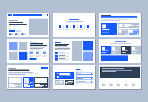 Website Landing Page Wireframe Set With Blue UI Layouts And Responsive Design
