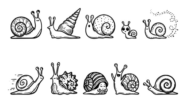 Cute Snail Characters with Spiral Shells Hand Sketched Vector Icon Set
