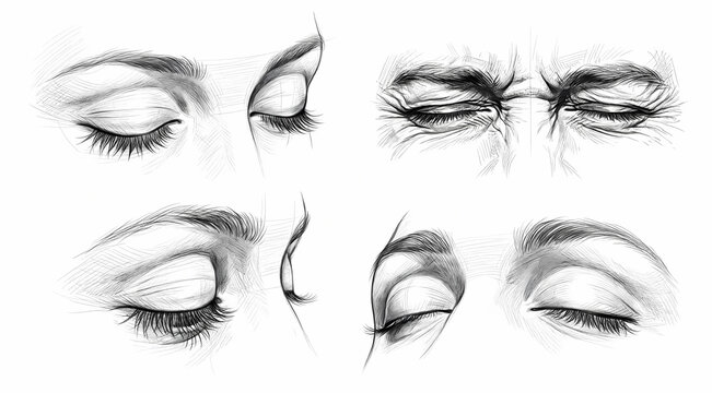 Graphite pencil sketch of human closed eyes in various angles and emotional expressions on a white background. Fine art anatomy study sheet.