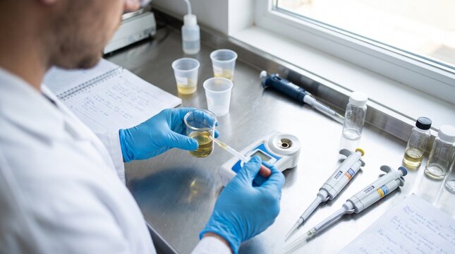 Laboratory technician testing liquid oil sample with pipette and digital refractometer at metal workbench quality control research concept   