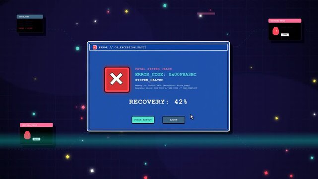 A digital interface animation depicting a fatal system error and ongoing recovery progress bar