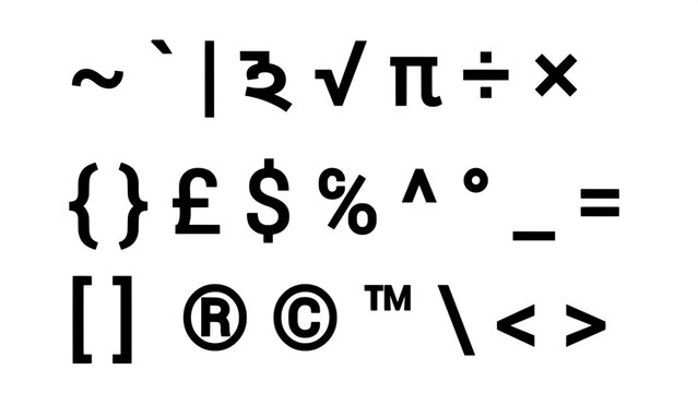 Set of various mathematical symbols and typography characters with currency sign operator curly braces