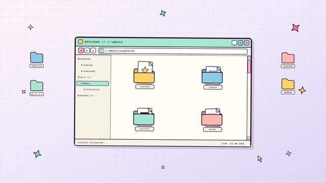 Retro desktop interface displaying file folders loading on a pastel grid background