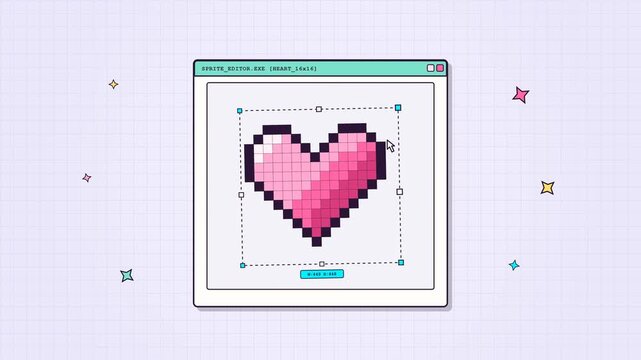 A digital pixel art heart being created inside a retro computer window application interface