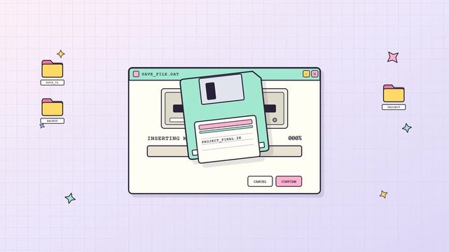 Retro computer animation showing a floppy disk being inserted and a file saving process