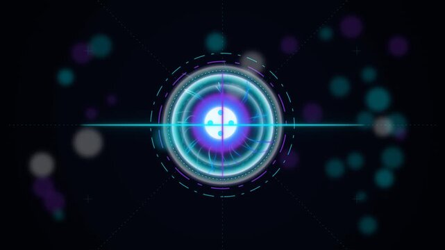 Futuristic digital interface animation with glowing neon light circles and geometric data patterns