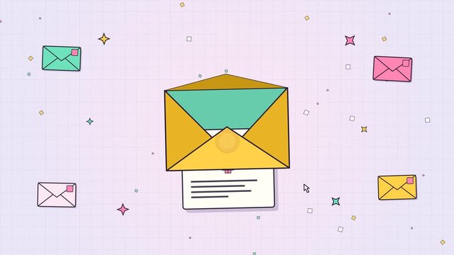 Animated graphic of a yellow envelope opening to reveal digital heart icons and messages