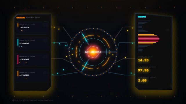 Futuristic digital interface displaying autonomous system data processing and metrics in motion