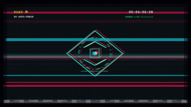 Retro VHS style digital animation featuring geometric shapes and chromatic aberration glitch effects