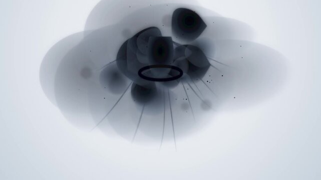 Abstract motion graphic with pulsating dark fluid shapes on a light grey background