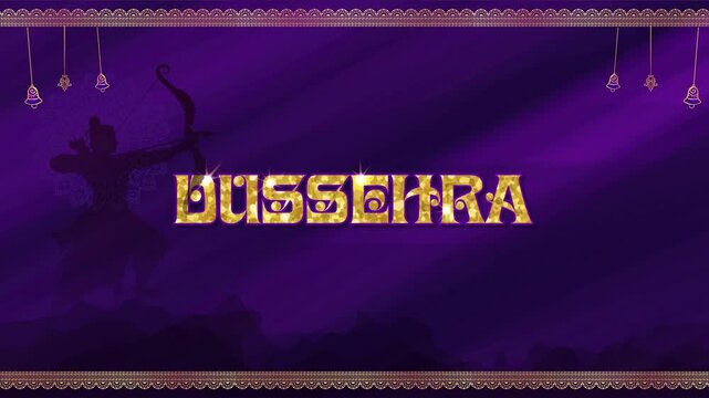 Golden Glitter Dussehra Text On Purple Background With Rama And Ravana