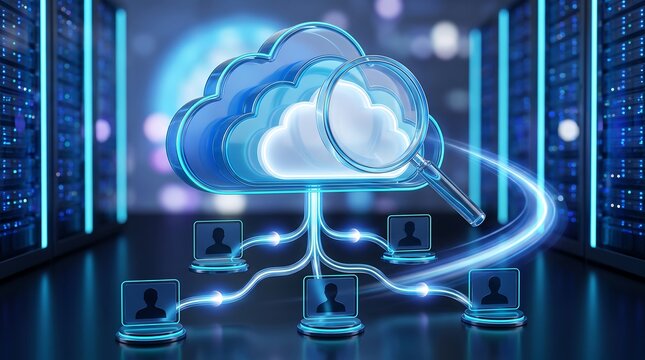 Magnifying glass examining glowing cloud computing symbol connected to multiple laptop icons in dark high-tech server room environment symbolizing data analysis and security monitoring