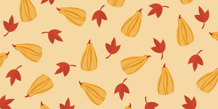 Autumn seamless pattern vector, fall pumpkin squash maple leaf background.
