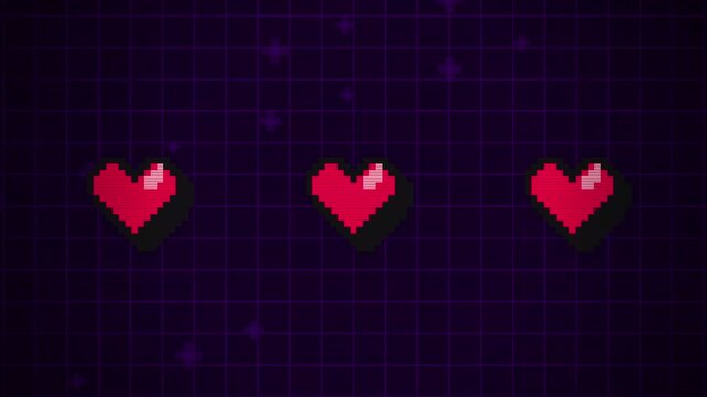 A vibrant bit pixel art animation featuring three glowing red hearts on a dark grid background representing a gaming health meter and love theme.