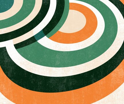 Concentric arcs of cream, orange, and green form an abstract pattern.